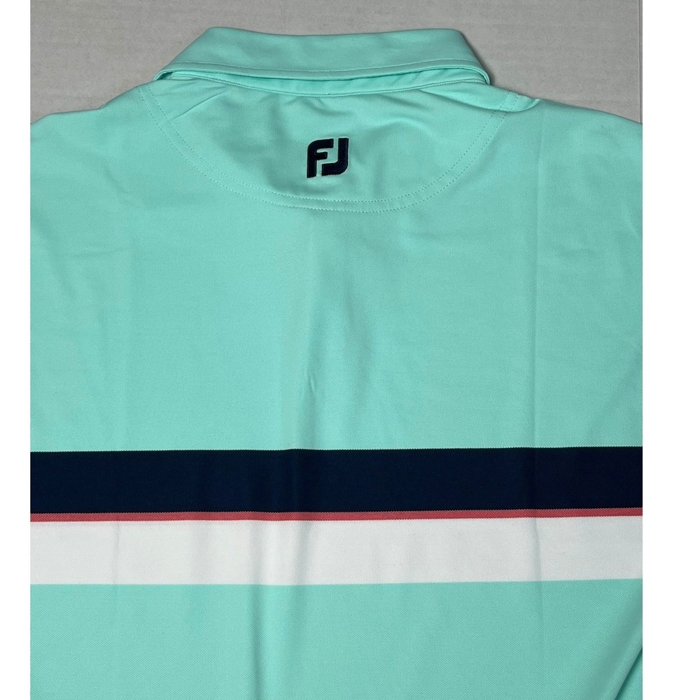 FootJoy FJ Golf Polo Shirt Men's Large Aqua Blue Stripe Performance Tech - Picture 5 of 8